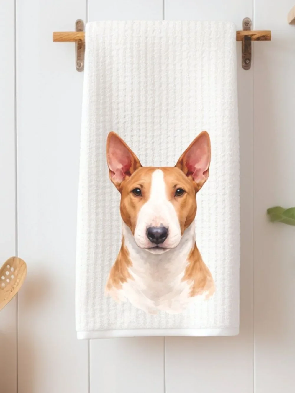 Tan & White Bull Terrier Dog Waffle Weave Decorative Kitchen Tea Towel